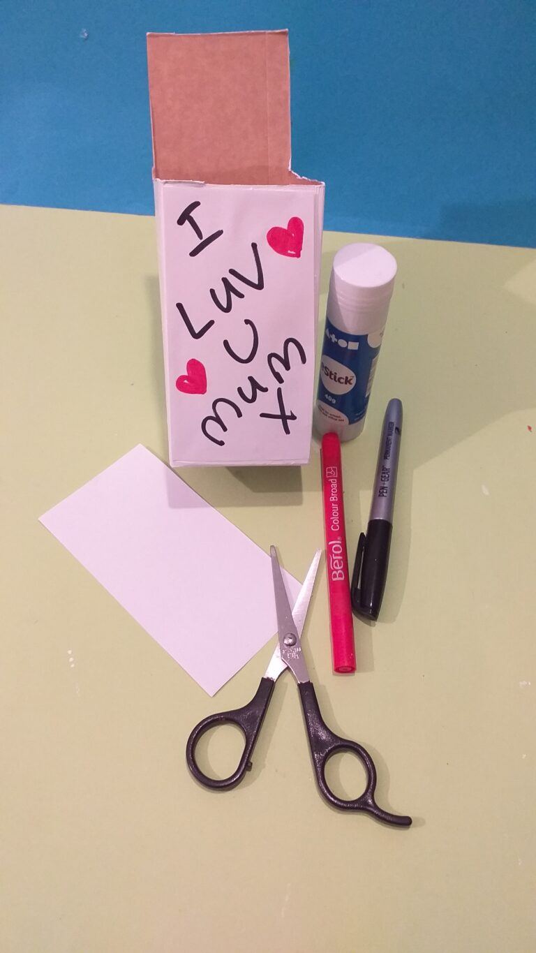 7) Write any message you like, on seperate white paper cut to size and adhere with glue stick.