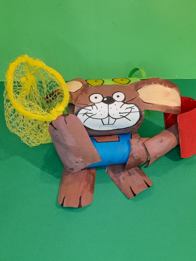 28) Staple net onto the arm, which can move up and down. This is the finished Rabbit Foo Foo.