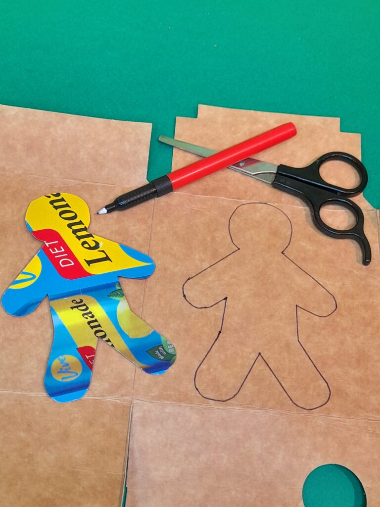 11) Draw and cut out another gingerbread man using a template from the soft drink packaging.