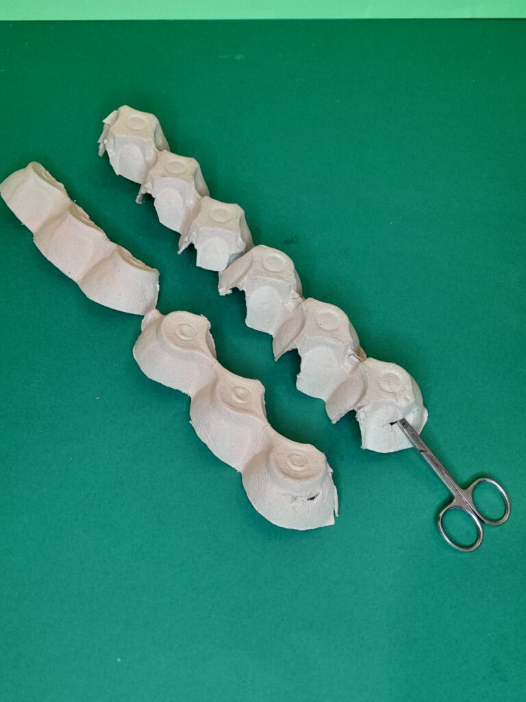 4) Now cut two three egg cups and cut them longways in half. These will be the rounded parts of the egg cups, that you slide under the long egg cups, these will hold the shape, conceal the openings.