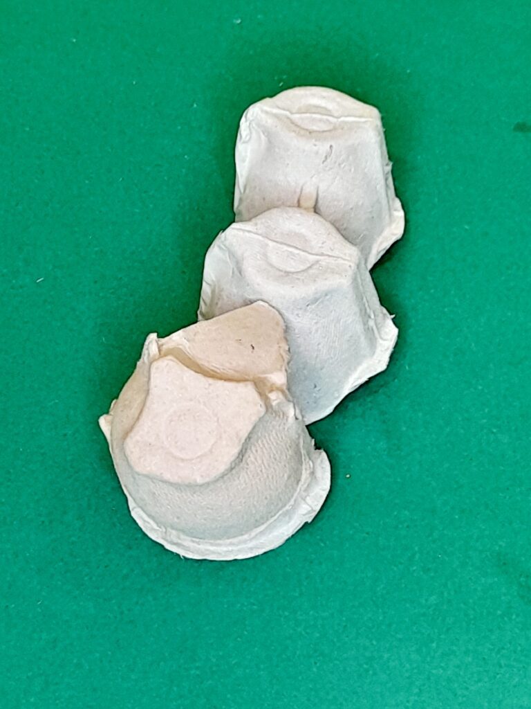 3) Cut an extra egg-cup and pop it on one end like so, this will be the back-end of the ants' body.