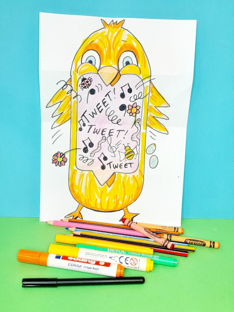 Here is the finished coloured in chick.