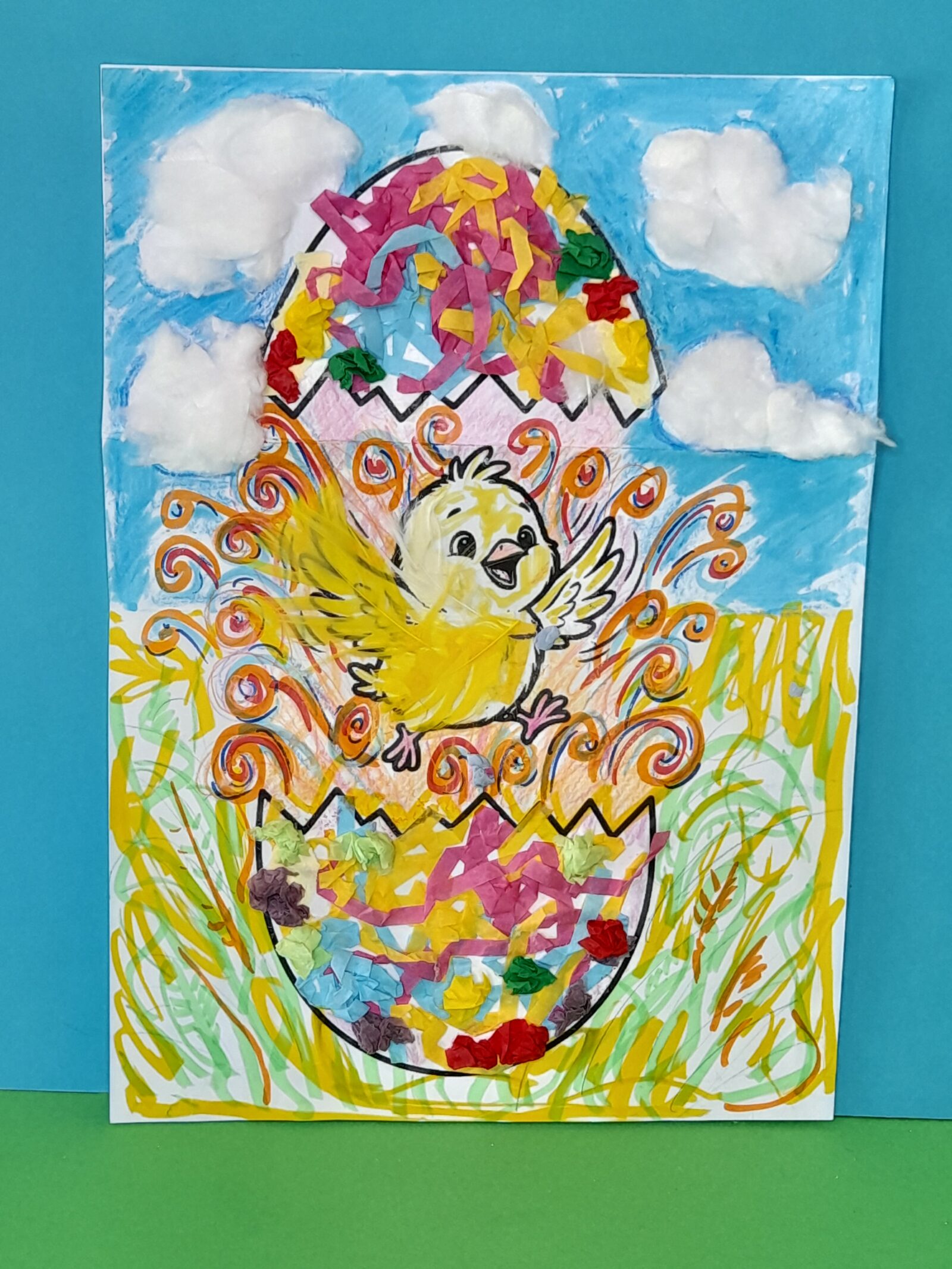 Surprise chick inside egg.