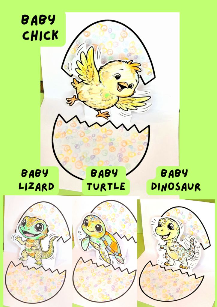 Baby chick and friends in pop-up cards.