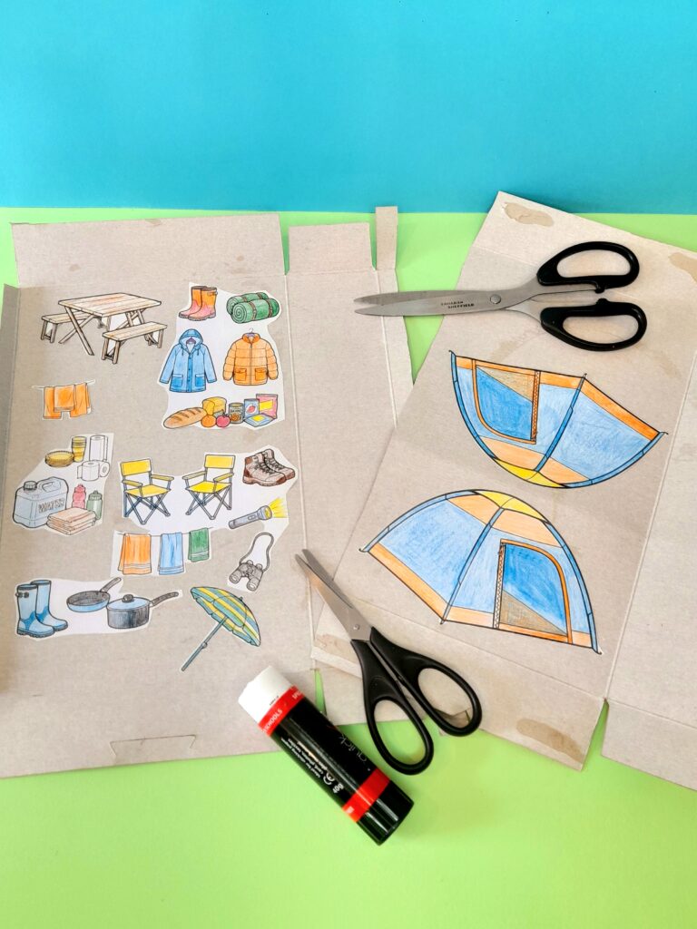 Cut all parts out and glue onto opened cereal box. Glue2 tents opposite each other, leave a slight gap to fold tents down when cut out.