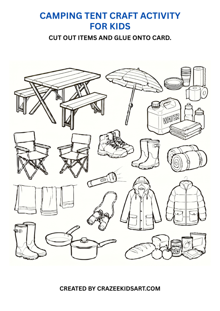 Black and White camping gear. Worksheet.
