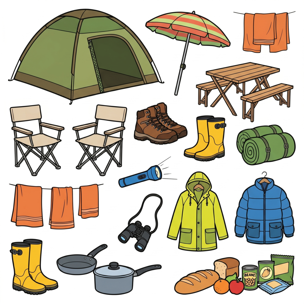 Camping gear in colour worksheet.