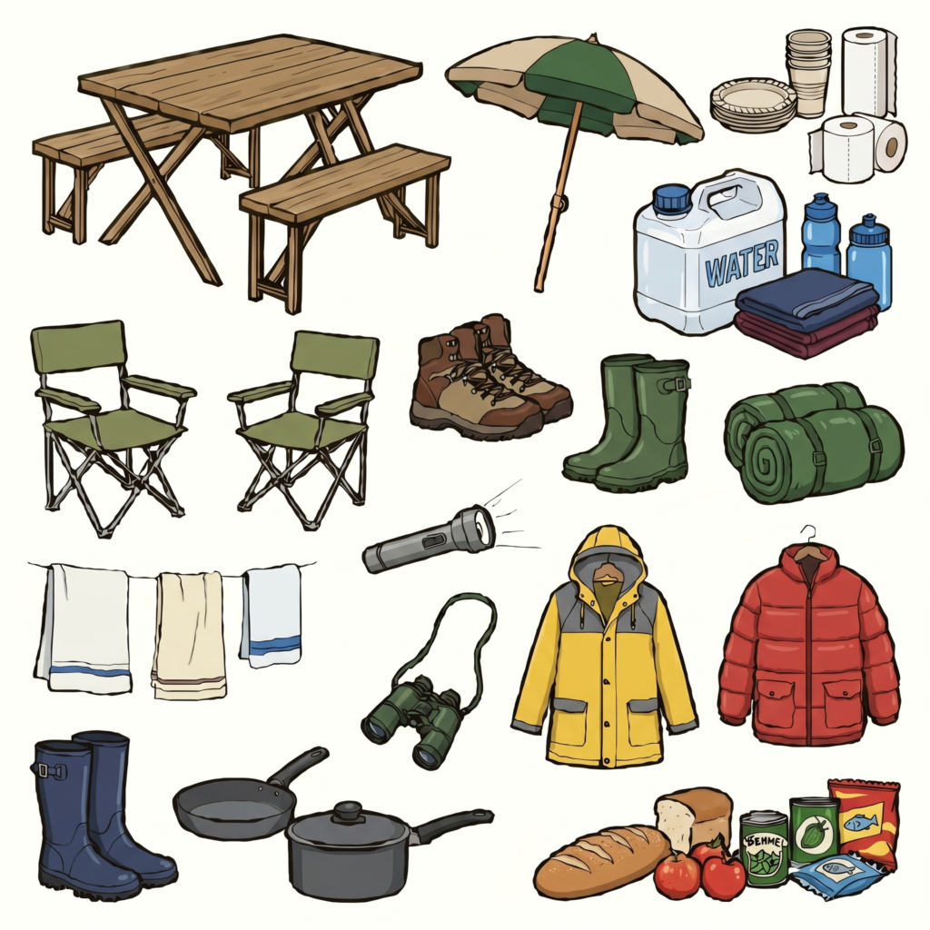 Coloured camping gear worksheet.
